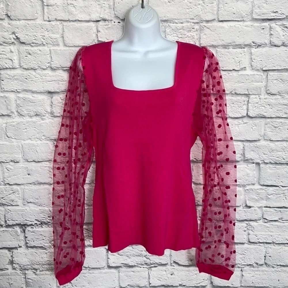 Eesome 1X Hot Pink Polka Dot Sheer Sleeve Blouse - Picture 2 of 15